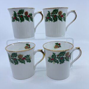 queens yuletide holiday mugs bone china holly berry pinecone design set of 4